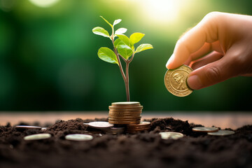 Business growth and investment concept. A tree growing from a coin and a hand giving coins to the tree