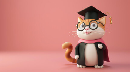 Happy cat with black graduation cap and ceremony robe in graduation day.