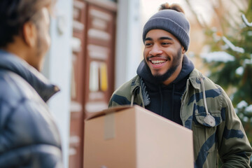 Parcel delivery at home, with a courier handing over a package