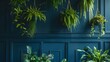 Elegant Interior Design with Dark Blue Wall Adorned by Lush Potted Ferns and Spider Plants