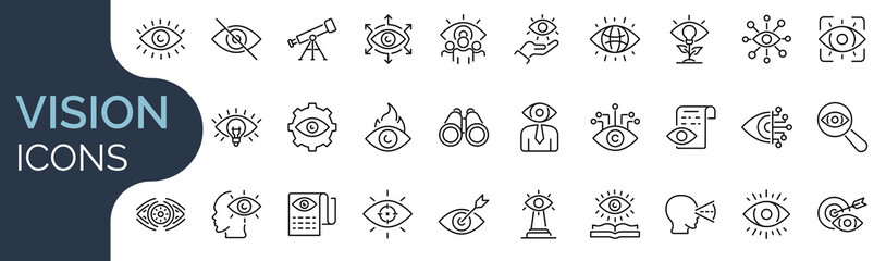 Set of outline icons related to vision.Linear icon collection. Editable stroke. Vector illustration