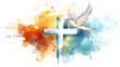 © David Kreuzberg - colorful watercolor christian cross with dove of peace isolated on white or transparent png