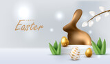 Fototapeta Panele - Chocolate rabbit Holiday Easter card. Display podium background. Stage with gold eggs and sweet candy bunny. Studio with white backdrop. Modern creative card vector illustration.	
