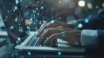 Man hands typing on laptop computer keyboard and surfing the internet on office table, online working, business and technology, internet network communication concept, close up. Generative AI