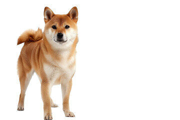 Wall Mural - Cute fluffy portrait smile Puppy dog Shiba inu that looking at camera isolated on clear png background, funny moment, lovely dog, pet concept.