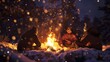Friends building a cozy campfire on a snowy evening, with the warmth of the flames lighting up their faces.