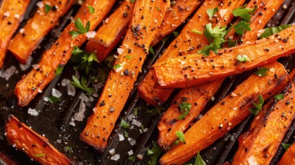 Poster - Grilled carrot sticks with herbs and spices on a grill pan.