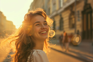 A woman with long hair is smiling and looking up at the sun