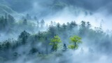 Fototapeta Do pokoju - Wiosną, widok na mglistą puszcze wypełnioną licznymi drzewami.