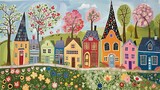 Fototapeta Storczyk - Malarstwo folklorystycznej ulicy wioski z wysokimi wąskimi domkami w rzędzie.  Kwitnące kwiaty i zielone drzewa.