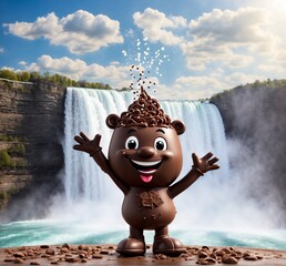 Wall Mural - Cute chocolate mascot character on the background of a waterfall. 3d rendering