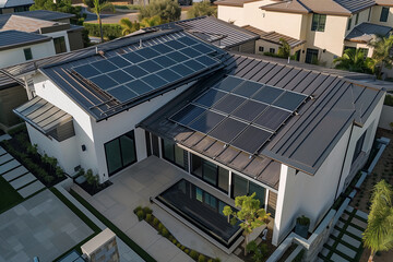 Wall Mural - A row of houses with solar panels on the roofs. The houses are all white and have black trim. The solar panels are evenly spaced and cover the entire roof of each house. Scene is one of sustainability