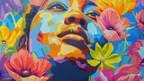 Fototapeta Kwiaty - Portret czarnoskórej kobiety otoczony kwiatami, który symbolizuje wiosnę. Kobieta ma wyrazistą twarz, a kwiaty dodają delikatności i koloru całości.
