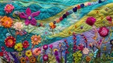 Fototapeta Kwiaty - Koc ozdobiony kwiatowym wzorem z bliska, z wysokim stopniem szczegółowości. Sztuka ręczna na materiale.