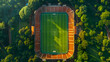 Aerial view of a soccer field in the middle of the forest.