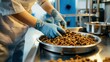 a human working as a pet food taster in a pet food manufacturing factory