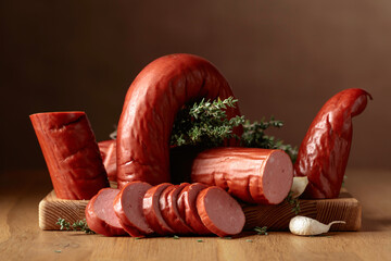 Wall Mural - Smoked sausage with thyme and garlic.