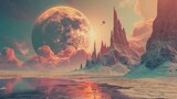 Alien landscape with towering spires and a large, fiery planet in the sky, evoking sci-fi, exploration, and otherworldliness.