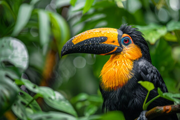 A colorful bird with a long beak is perched on a rock. The bird's bright colors and unique beak make it stand out against the natural surroundings. toucan, one of the most colorful birds in the world