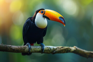 A colorful bird with a long beak is perched on a rock. The bird's bright colors and unique beak make it stand out against the natural surroundings. toucan, one of the most colorful birds in the world