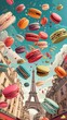 Whimsical illustration of a whimsical Parisian patisserie filled with macarons each macaron with a unique personality and style