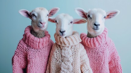 Wall Mural - Fashionable portrait of a three sheep wearing sweaters, cotton candy