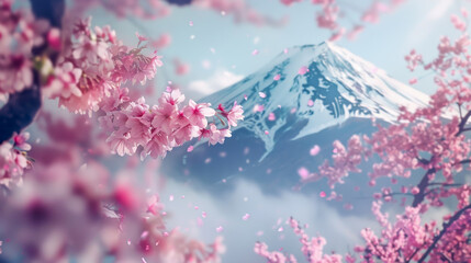 Travel Japan, Japanese cherry blossom flower pink Sakura flowers with Fuji mountain, Japan spring scenic.