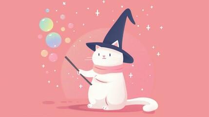 Canvas Print - Cute Minimalist Cartoon Wizard Cat Playing With Wand and Bubbles