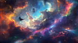 Fototapeta  - Interstellar Voyage: A surreal image of the rider's journey across the cosmos, with the flying carpet weaving through colorful nebulae, passing by distant planets. Generative AI
