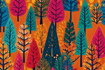  Risograph-style prints. Stylized trees on vibrant, multicolored backgrounds. Seamless pattern design