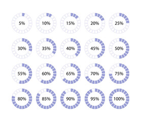 Wall Mural - Schemes with sectors. Blue circle 100 percent filling. Round pie chart template. Circular section graph. Diagram structure divided into pieces. Piechart with segments and slices. Vector illustration