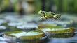 Frog leaping between lily pads on a digital pond signifies adaptability and transition in business innovation.