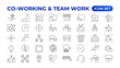 © artnazu - Co-working & Teamwork.Office and coworking linear icons collection. Set of coworking space Icons.Business teamwork, team building, work group, and human resources minimal thin line web icon set.