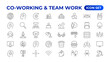 © artnazu - Co-working & Teamwork.Office and coworking linear icons collection. Set of coworking space Icons.Business teamwork, team building, work group, and human resources minimal thin line web icon set.