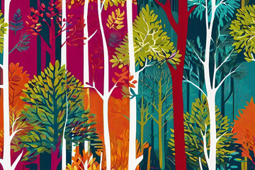 Risograph-style prints. Stylized trees on vibrant, multicolored backgrounds. Seamless pattern design