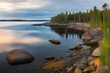 Russia, Karelia, Lake Ladoga, Koyonsaari. View of the coast of the island in a cold lake. Beautiful nature of the Republic of Karelia. Stunning panoramic view of the Ladoga Skerry Islands Generative A