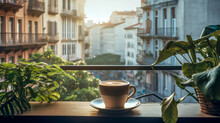 Morning Coffee With A View Of The City. A Cup Of Aromatic Hot Drink On A Wooden Tabletop With Potted Flowers On A Balcony Overlooking The Cityscape, Bathed In Golden Morning Light. Generated AI