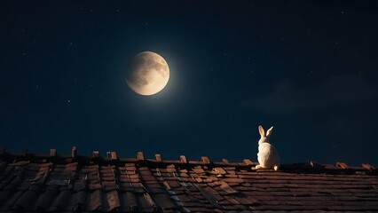 Wall Mural - rabbit sitting on the roof of the house in the moonlight