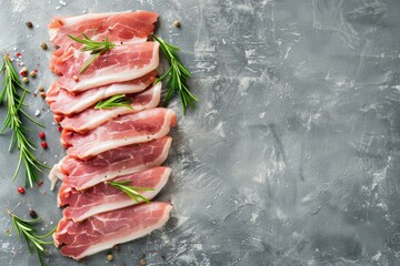 Wall Mural - Sliced Raw Pork on Gray Stone Background, Top View