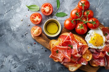 Wall Mural - Spanish Jamon Toast with Tomato on Gray Stone Table, Top View