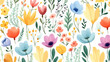 Wildflowers and leaf pattern on a white background in watercolor scandinavian style. AI generated. Flat illustration for design, postcard or print.