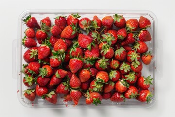 Wall Mural - Fresh Strawberries in Transparent Tray, White Background