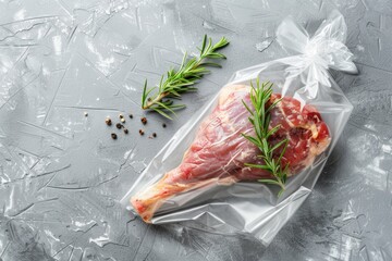 Wall Mural - Top View of Vacuum Sealed Duck Leg with Rosemary on Stone Surface