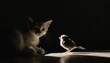 かわいい小鳥と子猫　夜