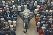 Addressing the elephant in the room concept, an elephant surrounded by people who don't acknowledge it