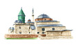 Mevlana mosque in Konya, Turkey. Hand drawn watercolor  illustration  isolated on white background
