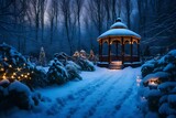 Fototapeta Pokój dzieciecy - The snow-covered gazebo is encircled by beautiful holiday lanterns, producing a comforting glow.