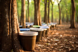 Fototapeta Natura - Rubber tree plantation. Rubber tapping in rubber tree garden in Thailand. Natural latex extracted from para rubber plant. Latex collect in plastic cup. Latex raw material. Hevea brasiliensis forest