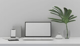 Fototapeta  - 3D render of a laptop mockup with a blank screen on the table, accompanied by a phone and tablet. The setup is placed on a white background with a green plant.