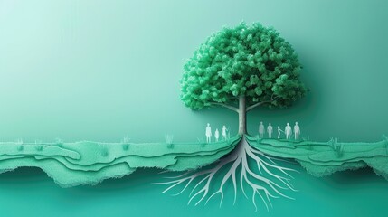 Green-toned paper-cut tree with human figures symbolizing growth and connection.